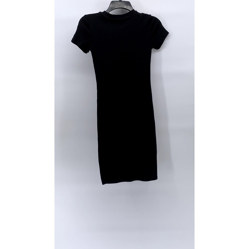ZARA Women's Black Rib-Knit Crewneck Short Sleeve Casual Bodycon Midi Dress SZ S