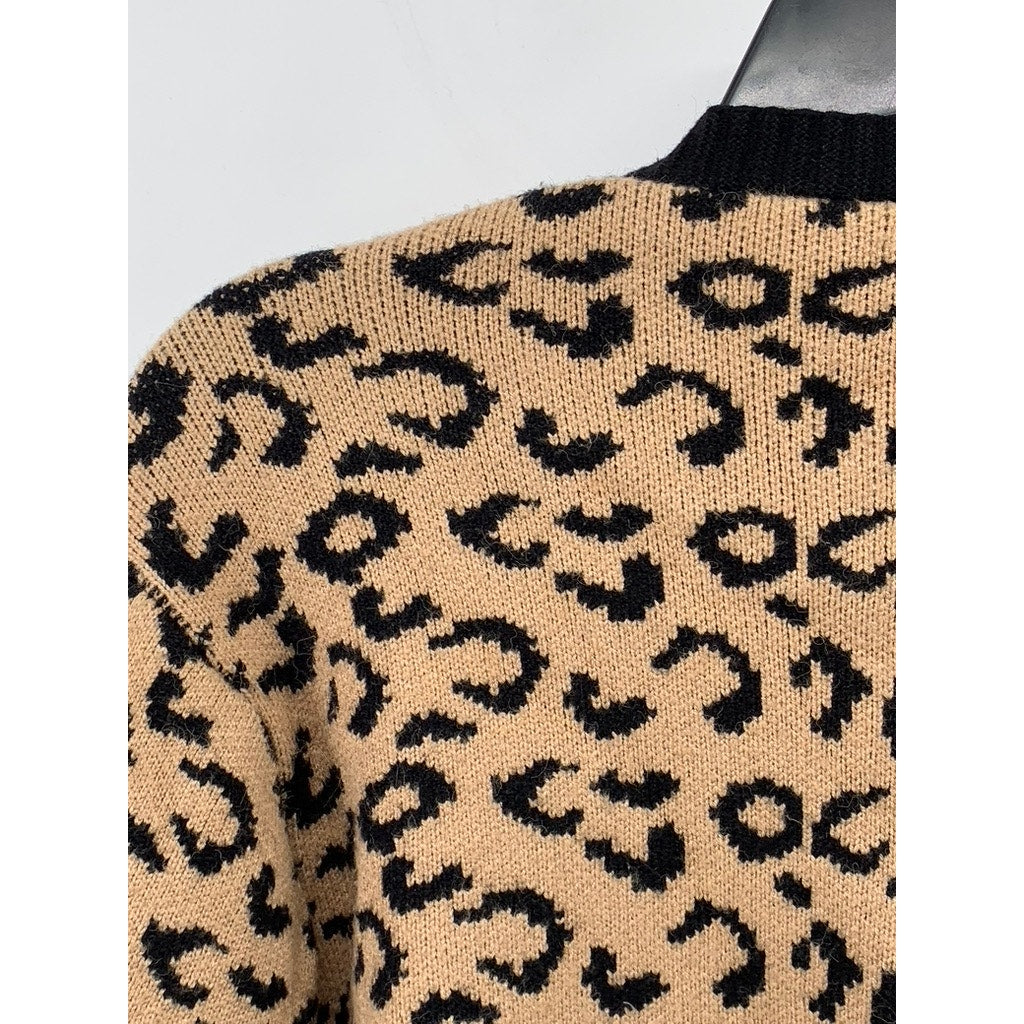 UNBRANDED Women's Black-Brown Leopard Cropped Knit Long Sleeve Cardigan SZ S