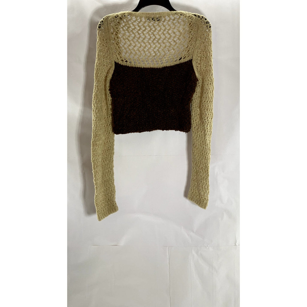 ZARA Women's Brown/Tan Knit Straight-Neck Long Sleeve Crop Top SZ M