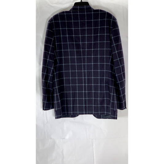 CANALII Men's Navy Windowpane Two-Button Notch Collar Long Sleeve Blazer SZ 34R