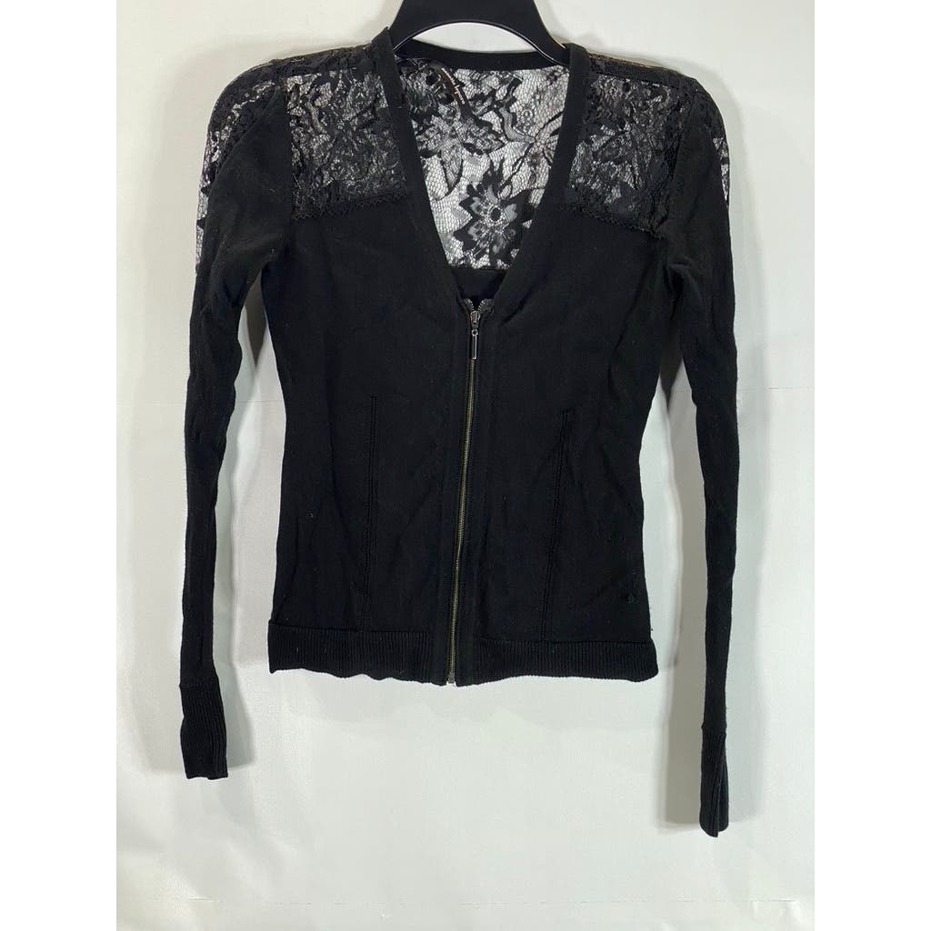 NANETTE LEPORE Women's Black Lace Zip-UP V-Neck Long Sleeve Top SZ XS