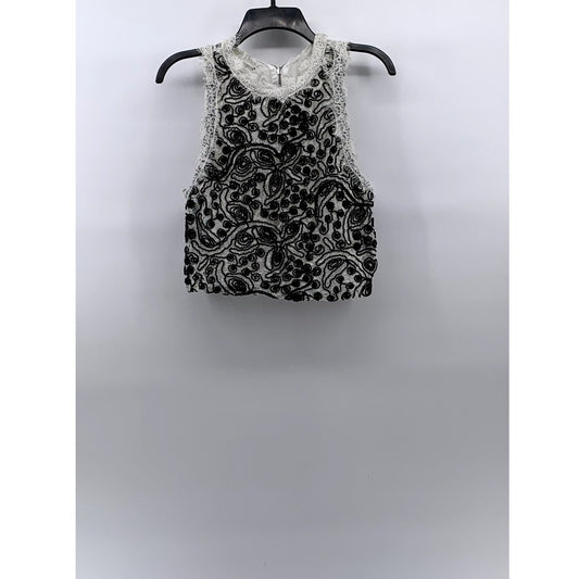 ZARA TRAFALUC Women's Black-White Lace Crewneck Sleeveless Back-Zip Tank Top SZL
