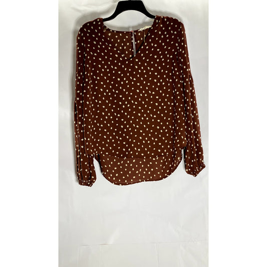 ALL IN FAVOR Women's Dark Brown/White Polka Dot V-Neck Long Sleeve Top SZ S