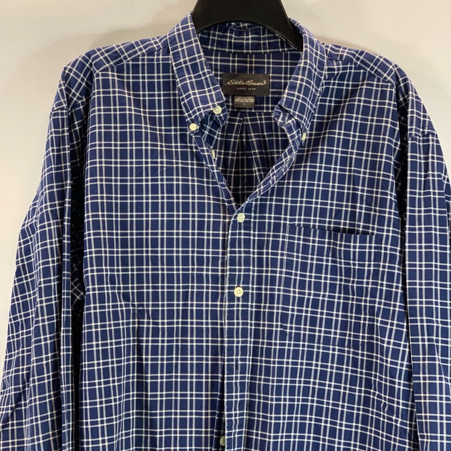 EDDIE BAUER Men's Navy Checkered Regular Fit Button-Up Long Sleeve Shirt SZ L