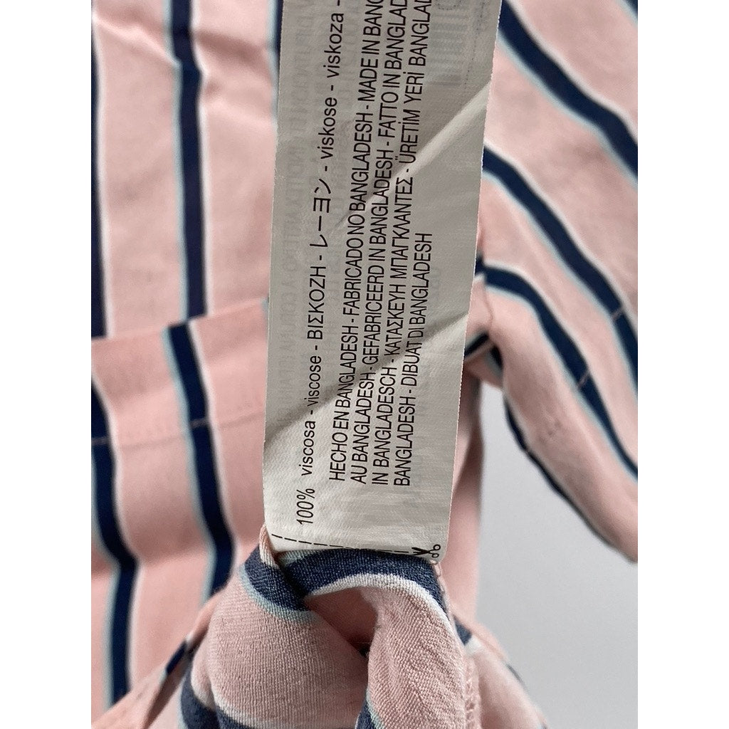 BERSHKA_BSKGIRL Women's Pink-Blue Striped Button-Up Short Sleeve Top SZ M