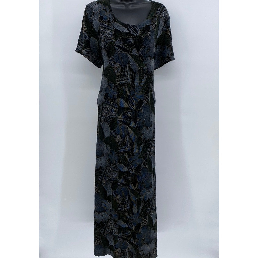 Vintage RIM Women's Blue Floral Geometric Maxi-Dress Made in USA