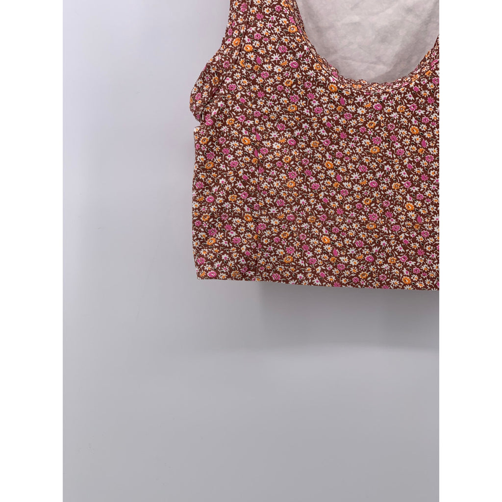 LOU & GREY Women's Brown Floral Deep Scoop-Neck Sleeveless Cropped Top SZ XS