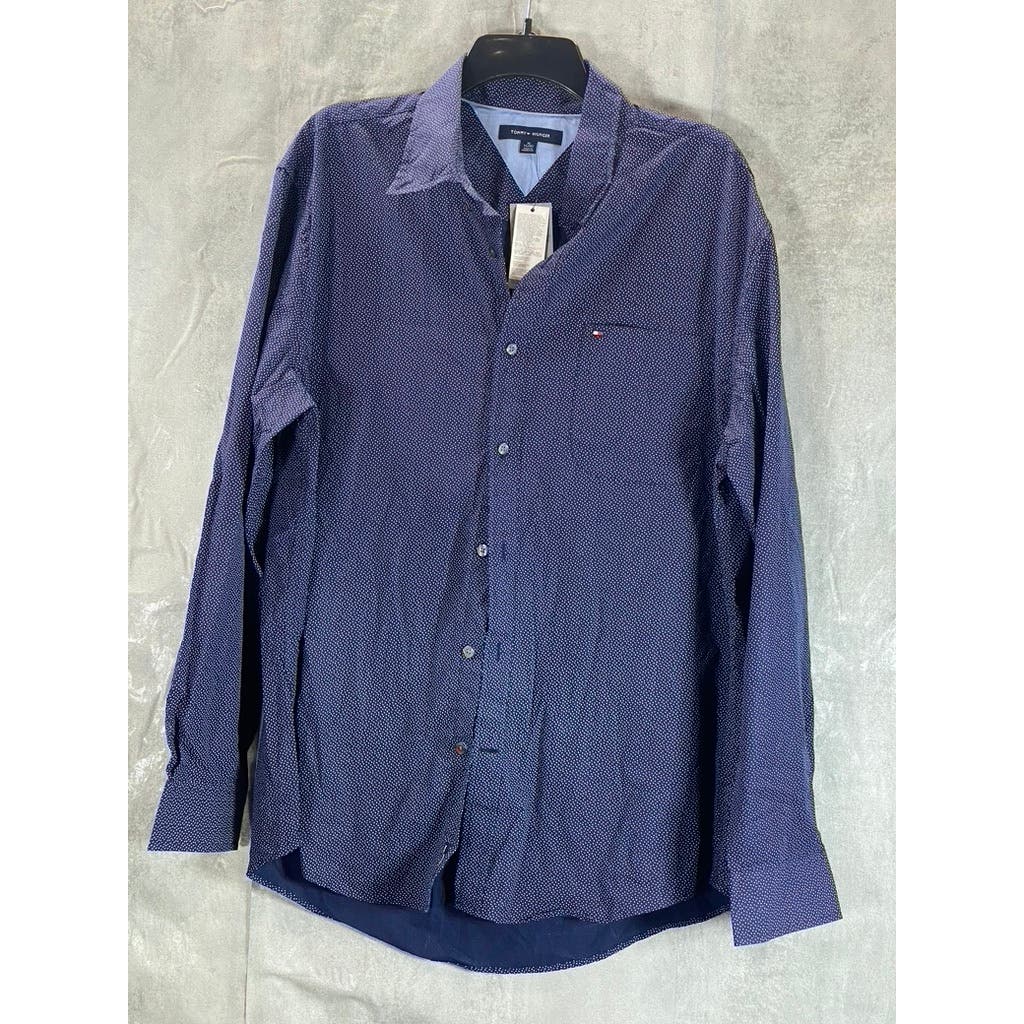 TOMMY HILFIGER Men's Navy Dot 100's 2-Ply Button-Up Long Sleeve Shirt SZ XL