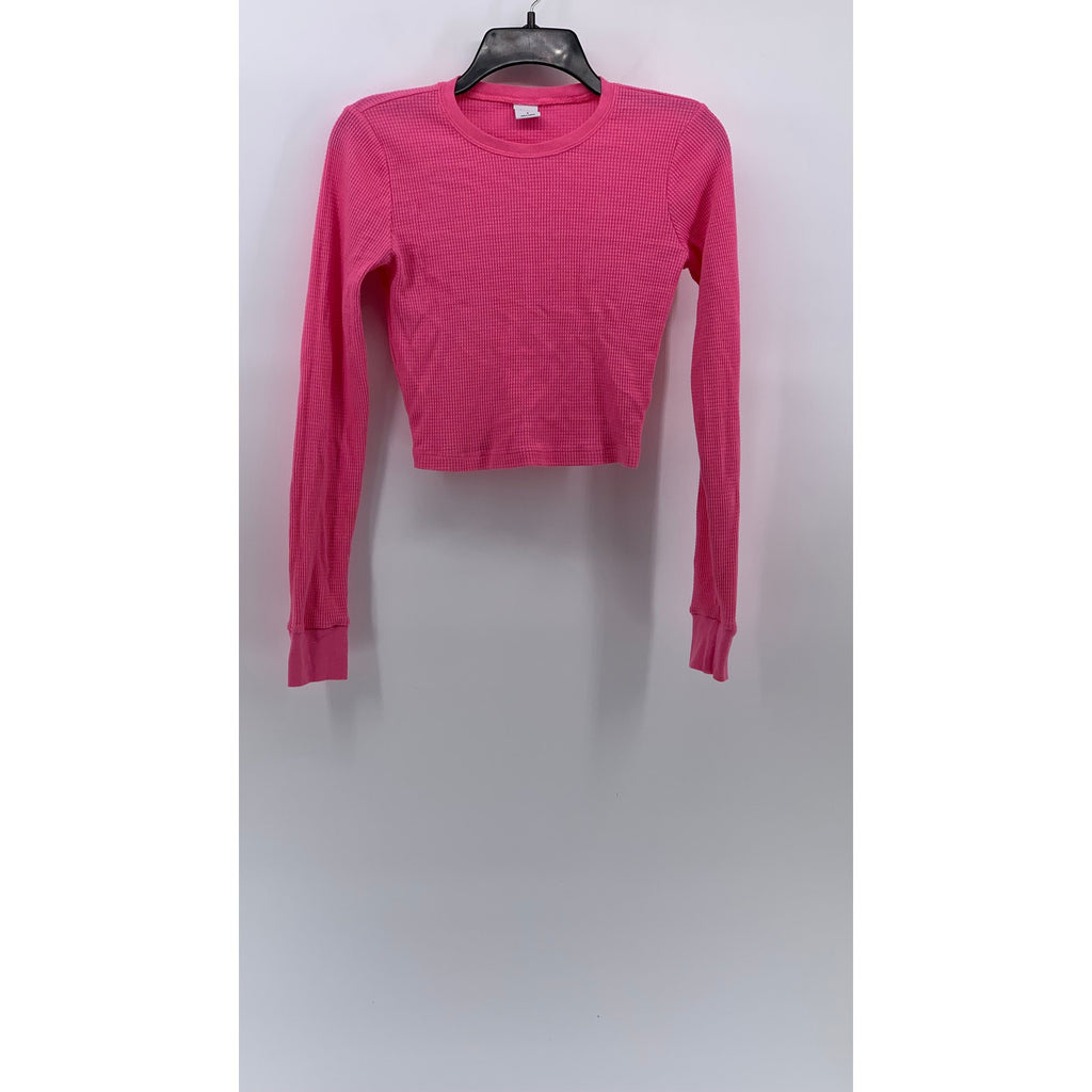 TNA Women's Pink Waffle-Knit Crewneck Long Sleeve Casual Cropped Top SZ S