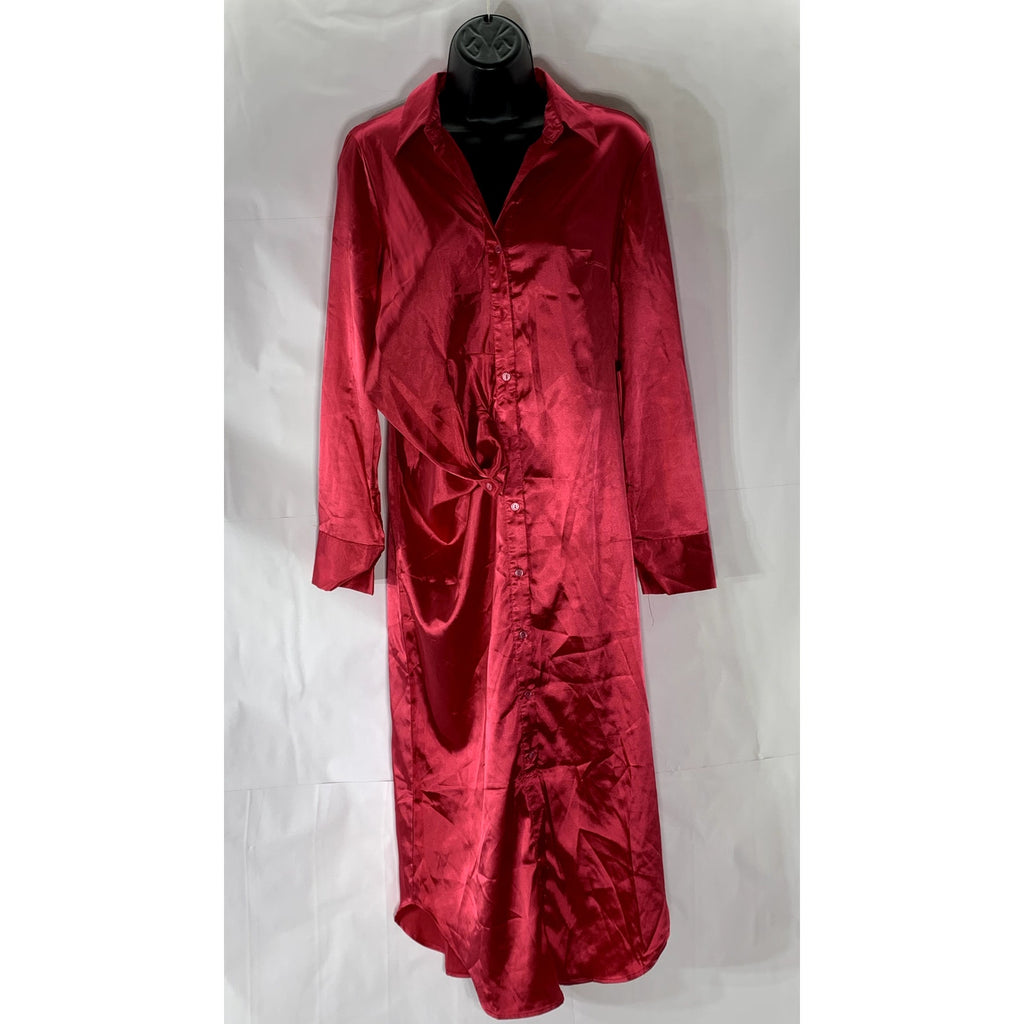 SHEIN Women's Dark Pink Satin Button-Up Long Sleeve Maxi Relaxed-Fit Dress SZ XS
