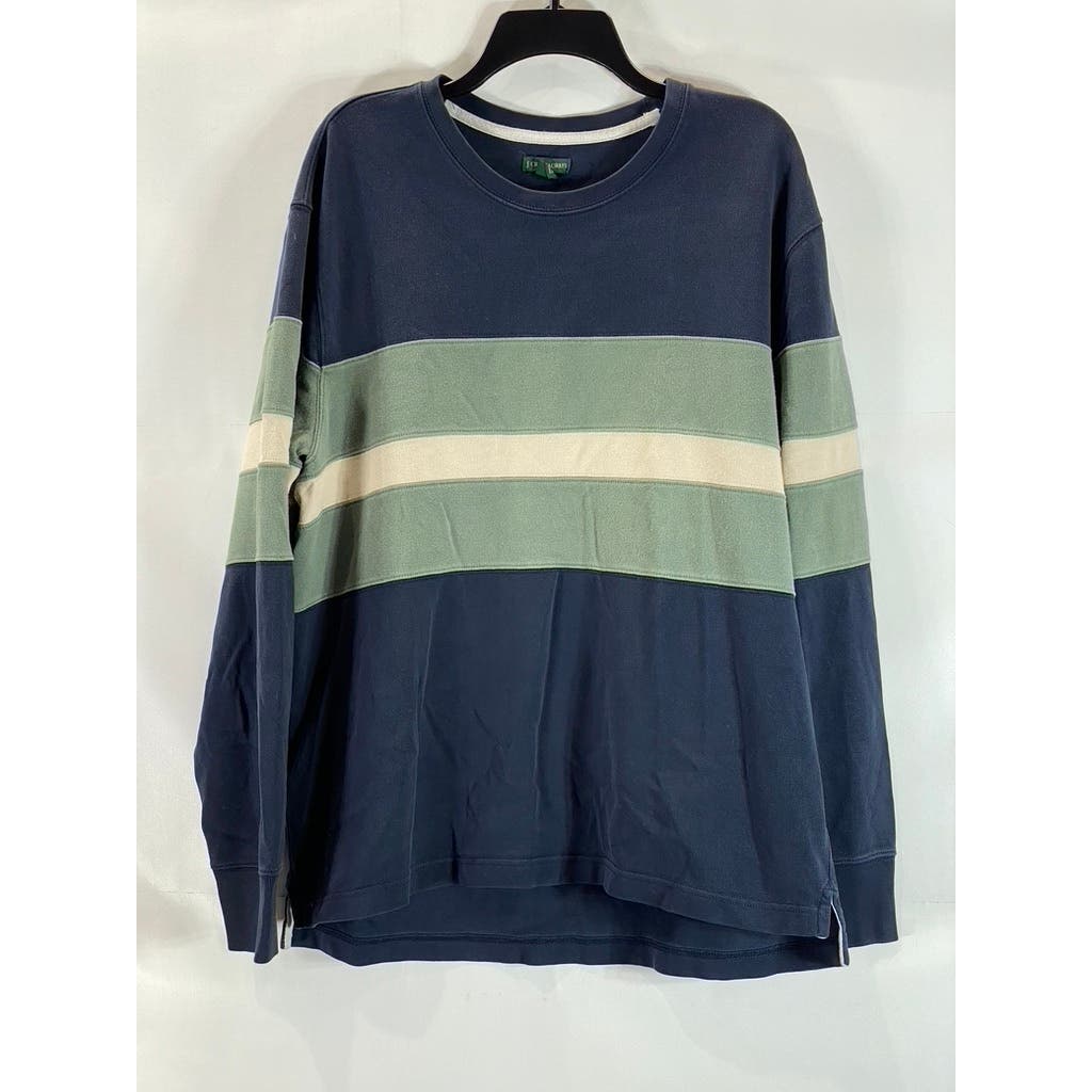 J.CREW ALWAYS Men's Navy/Green Pieced Stripe Crewneck Rugby Sweatshirt SZ L