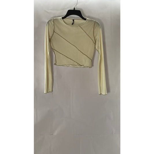 AS YOU Women's Beige Mesh Long Sleeve Crewneck Crop Top SZ 6