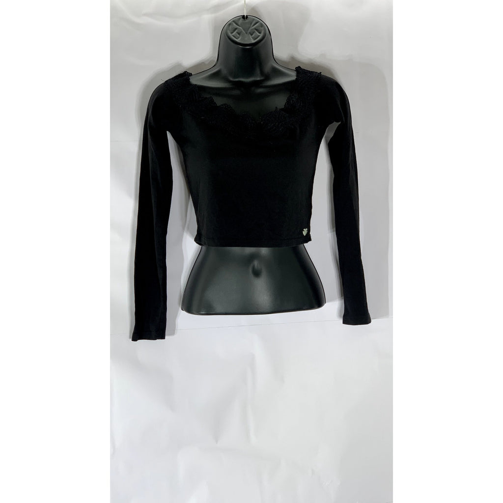 KENDALL & KYLIE Women's Crochet Trim Boat-Neck Long Sleeve Crop Top SZ S