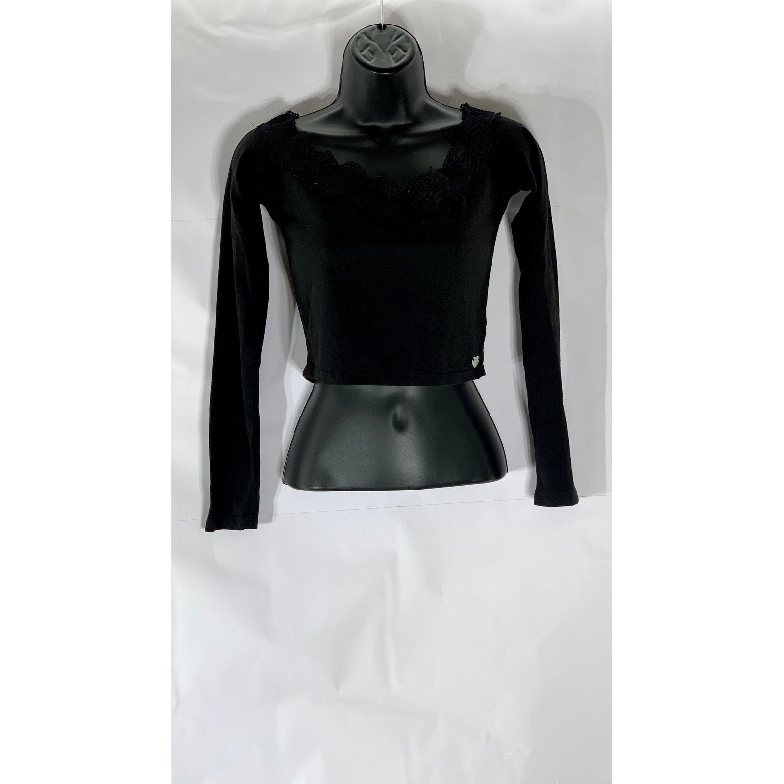 KENDALL & KYLIE Women's Crochet Trim Boat-Neck Long Sleeve Crop Top SZ S