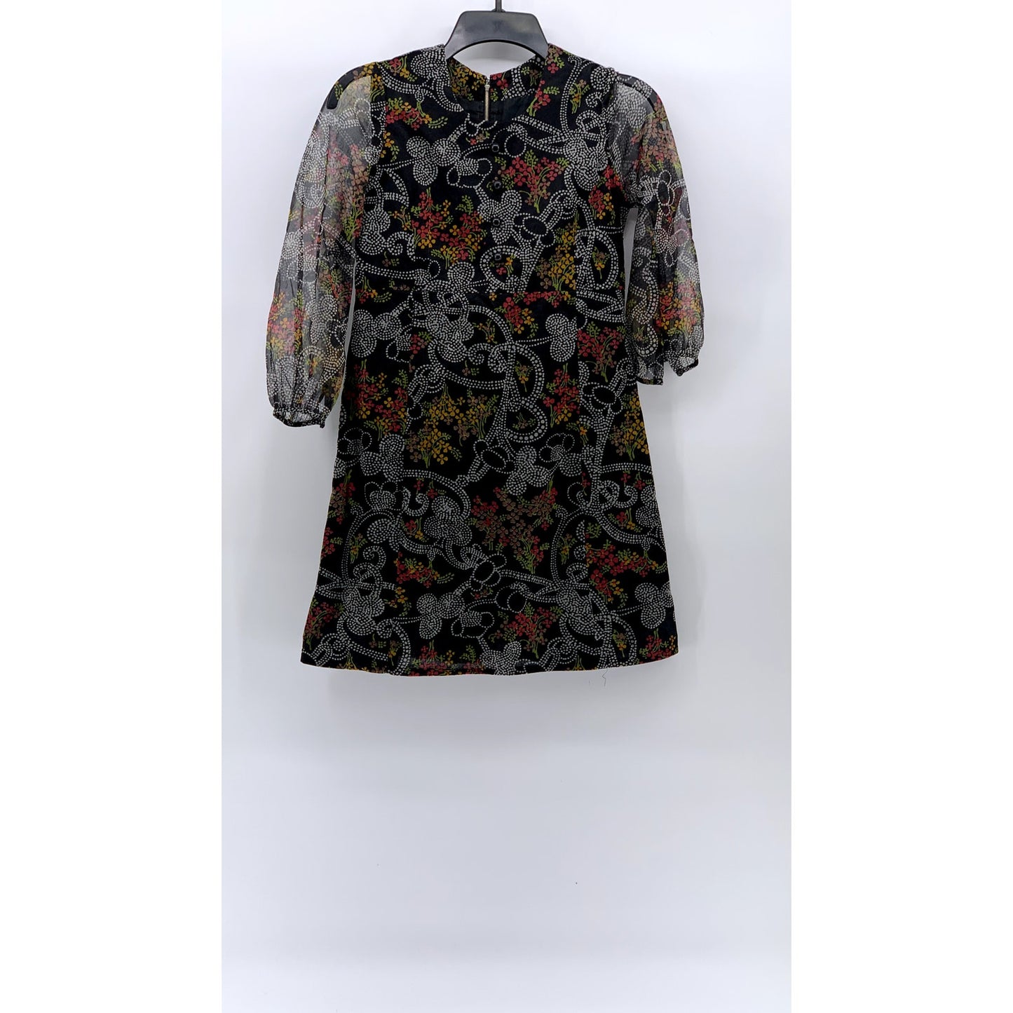 UNBRANDED Black Floral Sheer Long Sleeve A-Line Crewneck Mini Dress SZ S