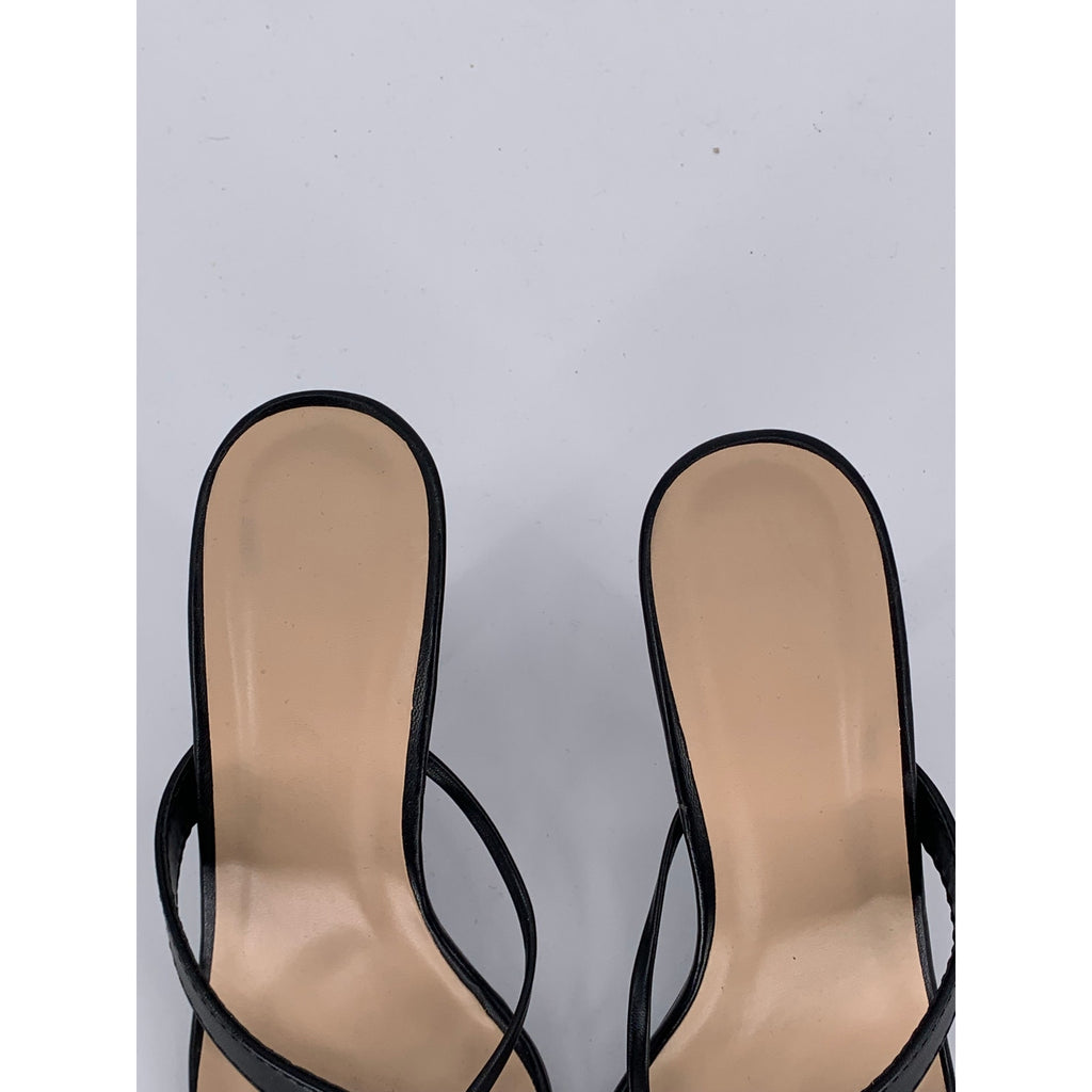 UNBRANDED Women's Black Faux-Leather Square-Toe Slip-On Heeled Sandals SZ 6