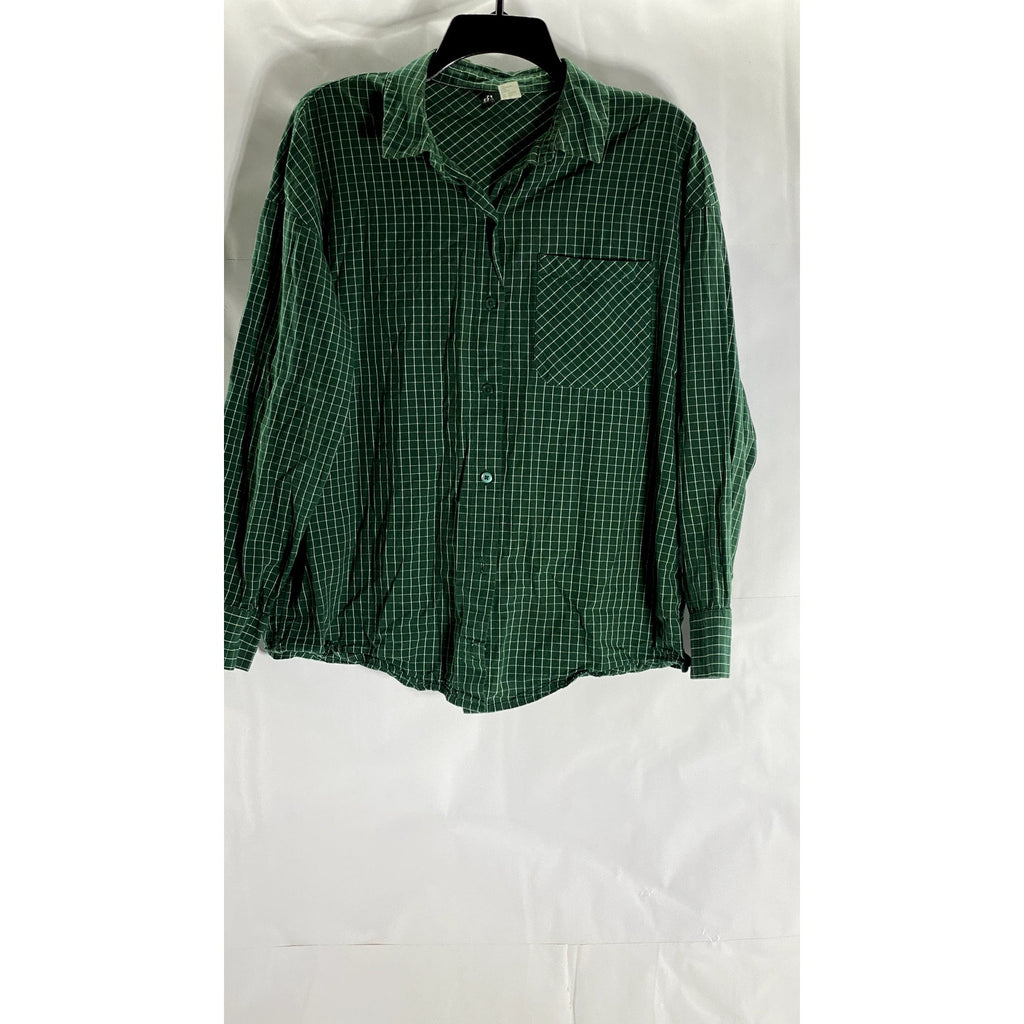 DIVIDED BY H&M Women's Dark Green Grid Check Button-Up Long Sleeve Top SZ XS