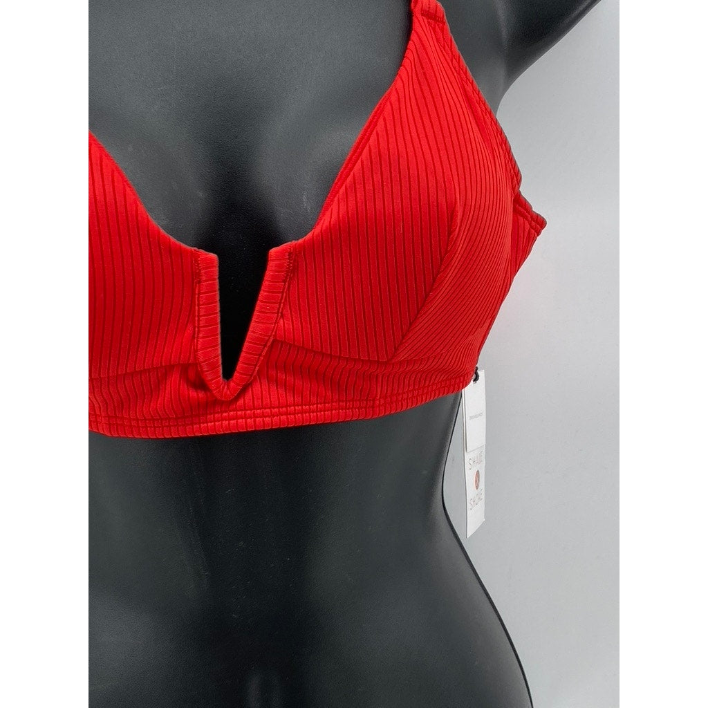 SHADE & SHORE Women's Red Textured Cross Back Strap Split-Neck Bikini Top SZ 32B