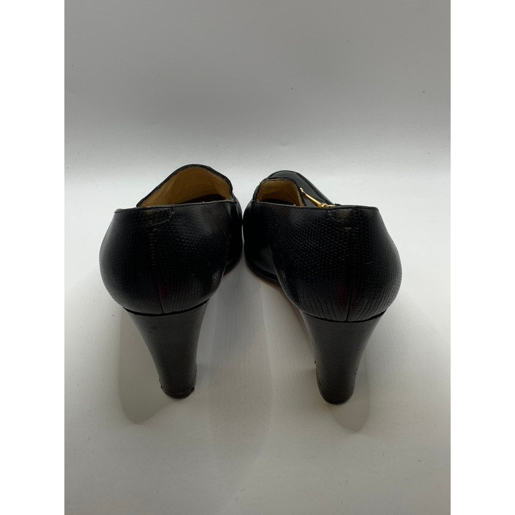 ANN TAYLOR Women's Black Textured Leather Horsebit Heeled Loafers SZ 8