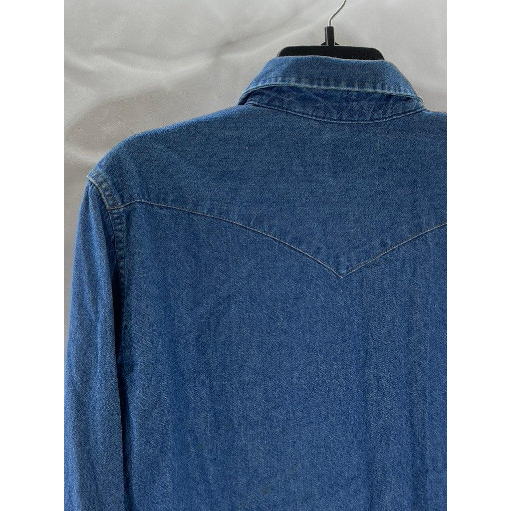 WRANGLER Men's Dark Blue Denim Regular-Fit Distressed Button-Up Shirt SZ 15.5 33