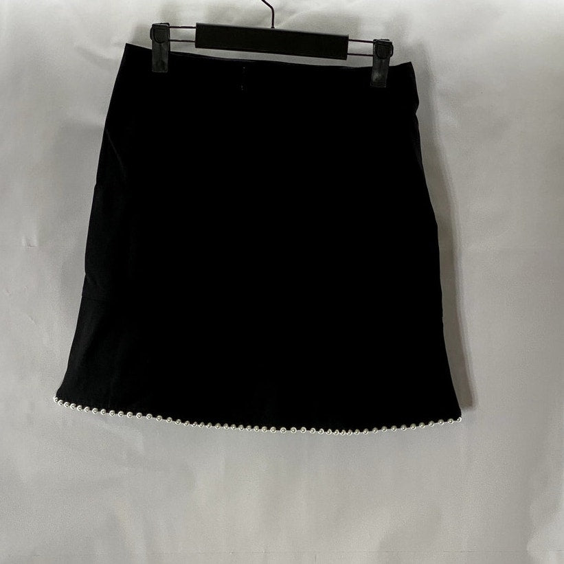 OCHIRLY Women's Black/Cream Embellished Pearl Trim Ruffle-Hem Mini Skirt SZ M