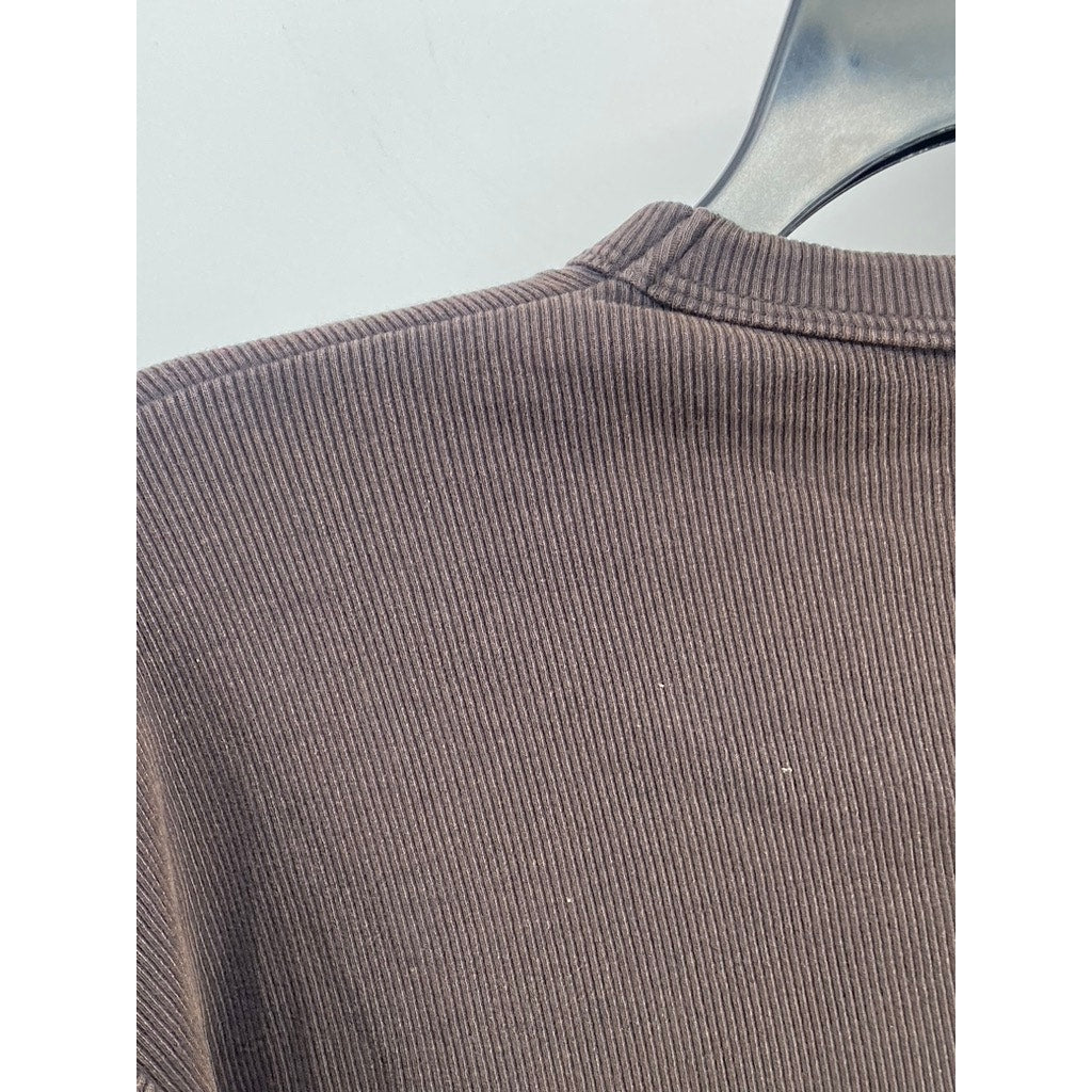 GU Men's Dark Brown Ribbed Crewneck Washed Slim-Fit Long Sleeve T-Shirt SZ L
