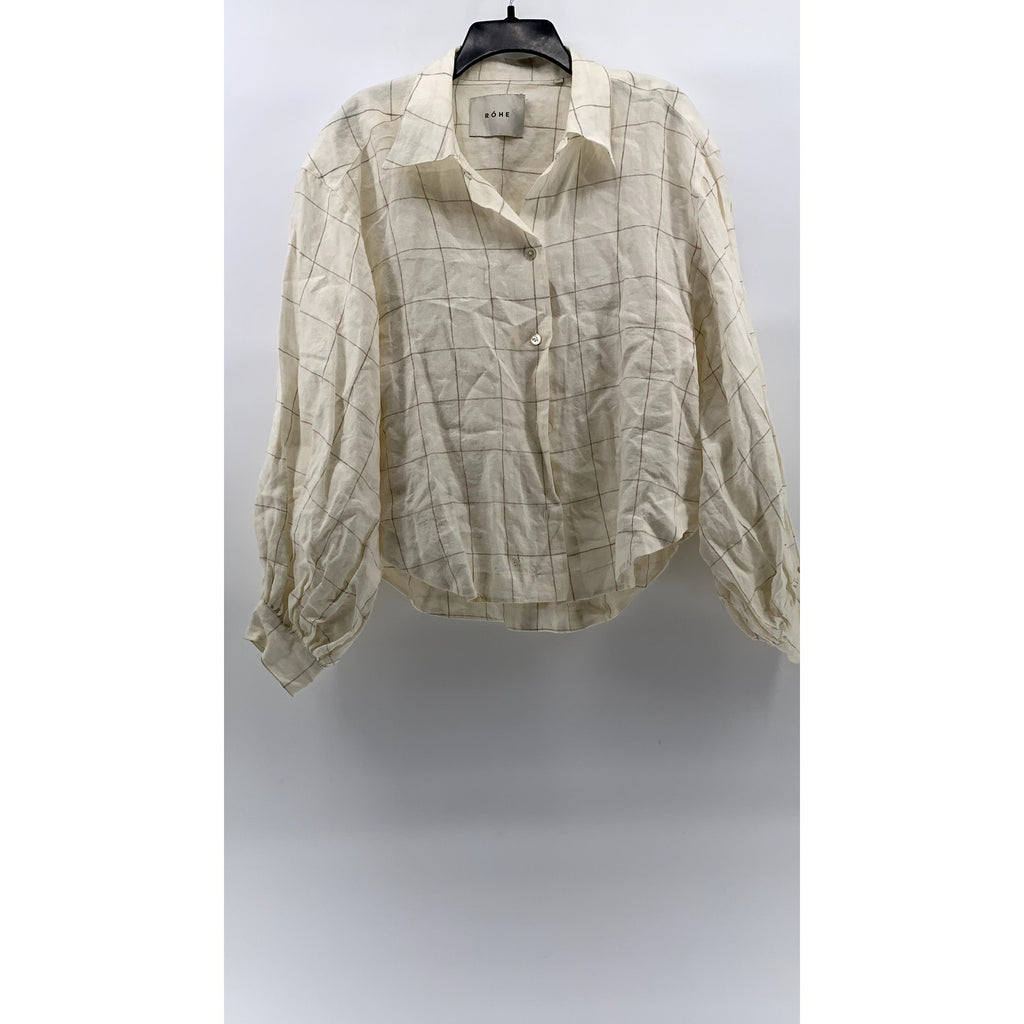 ROHE Women's Off-White Windowpane Linen Button-Up Long Sleeve Shirt SZ 42(US10)