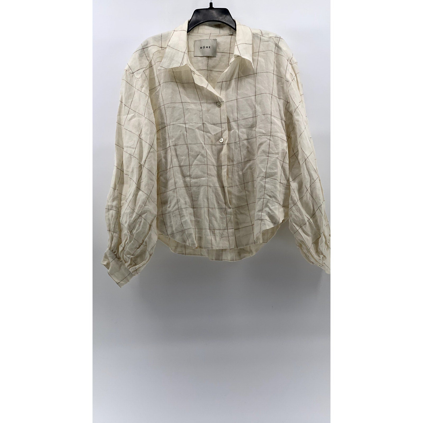 ROHE Women's Off-White Windowpane Linen Button-Up Long Sleeve Shirt SZ 42(US10)