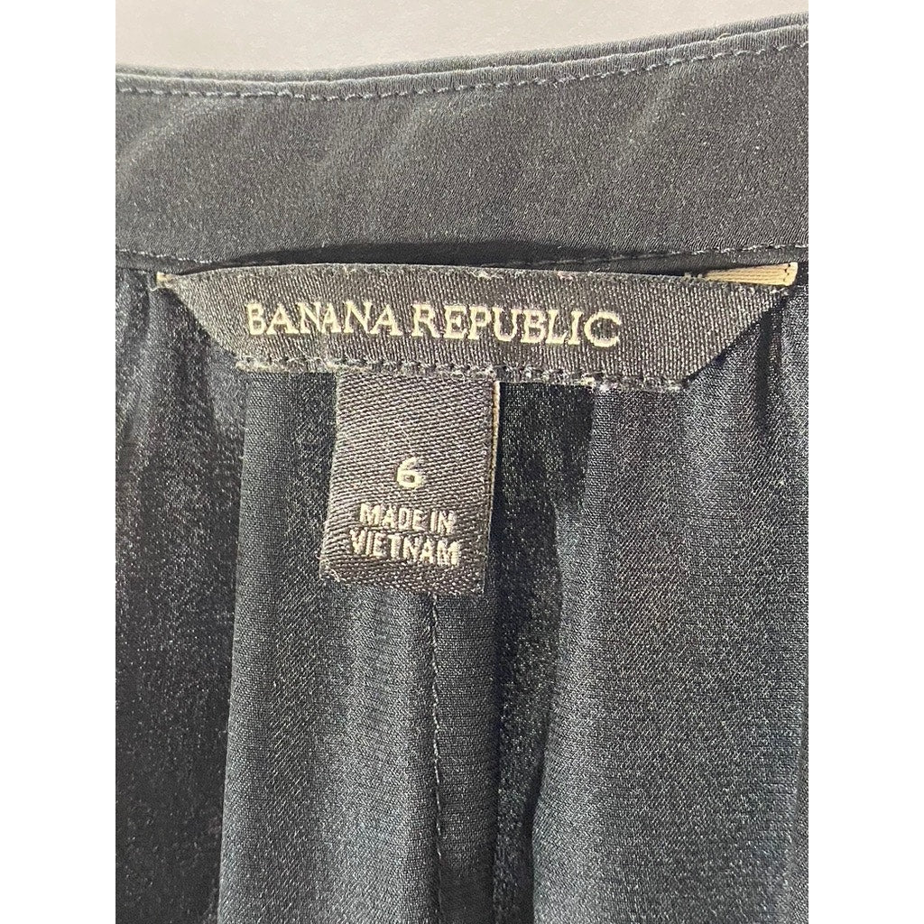 BANANA REPUBLIC Women's Black Short Sleeve Elastic Waist Split-Neck Dress SZ 6