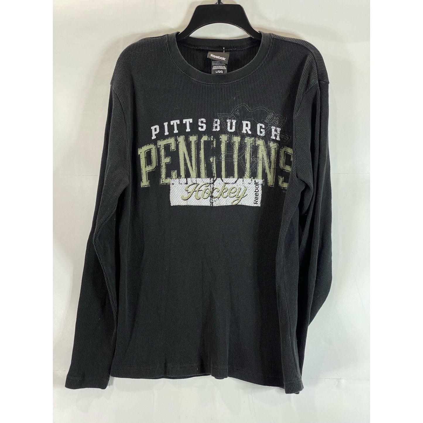 REEBOK Men's Black NHL Pittsburgh Penguins Hockey Crewneck Thermal T-Shirt SZ L