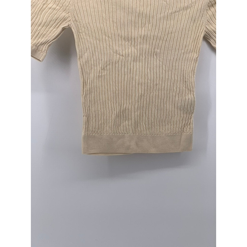 UNIQLO Women's Off-White Rib Knit Short Sleeve Cropped Mock-Neck Top SZ M