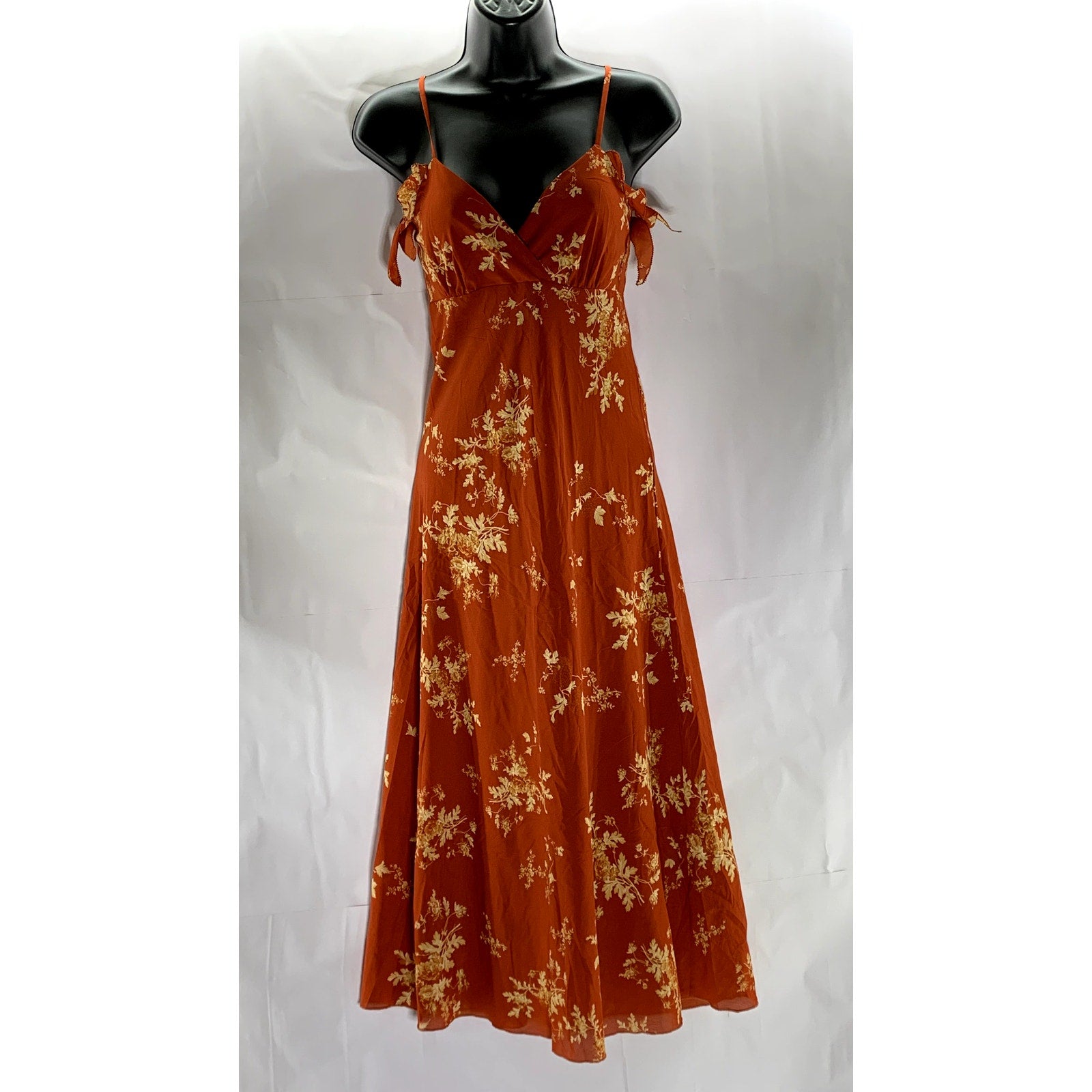 SIMPLE RETRO Women's Red Satin Floral Tall Strappy V-Neck Midi Dress SZ S
