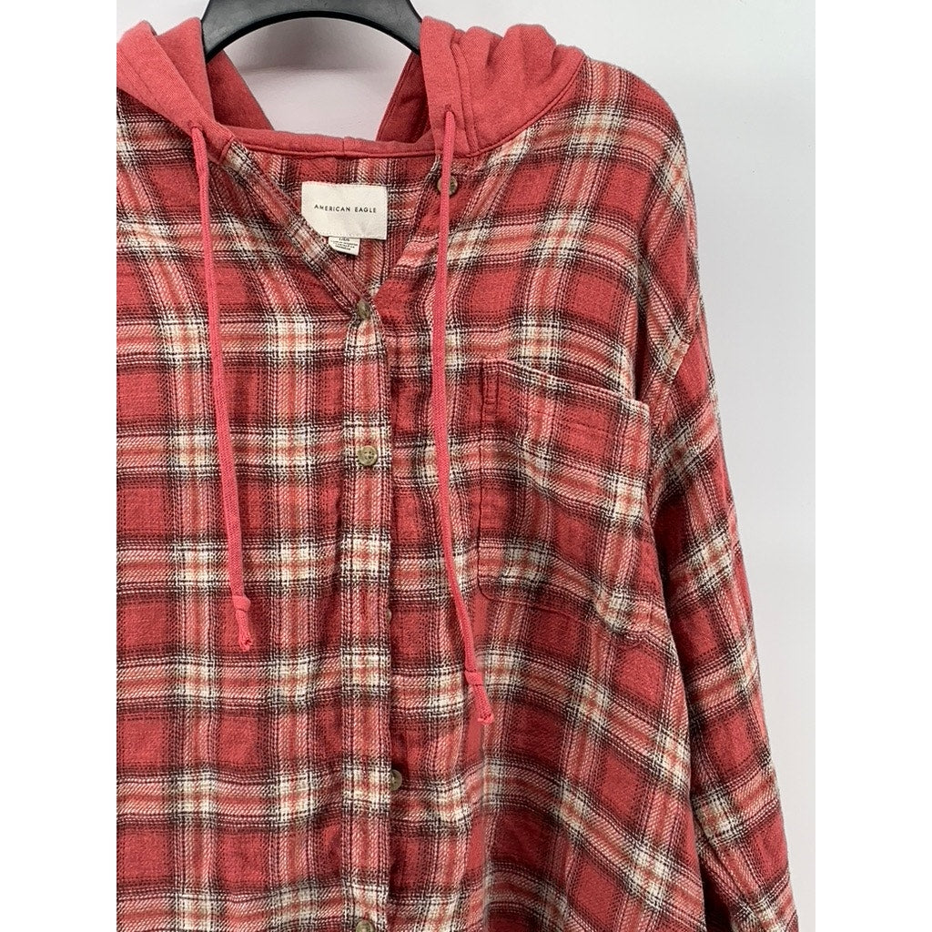 AMERICAN EAGLE Men's Red Plaid Button-Up Hooded Long Sleeve Sweater Shirt SZ L