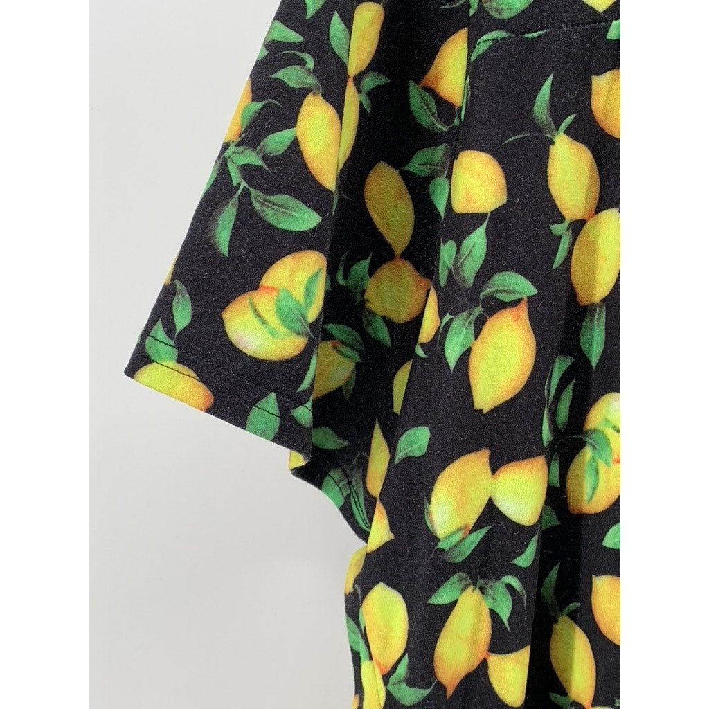 ALLEGRACE Women's Plus Black-Yellow Lemon Printed Short Sleeve Top SZ 3X