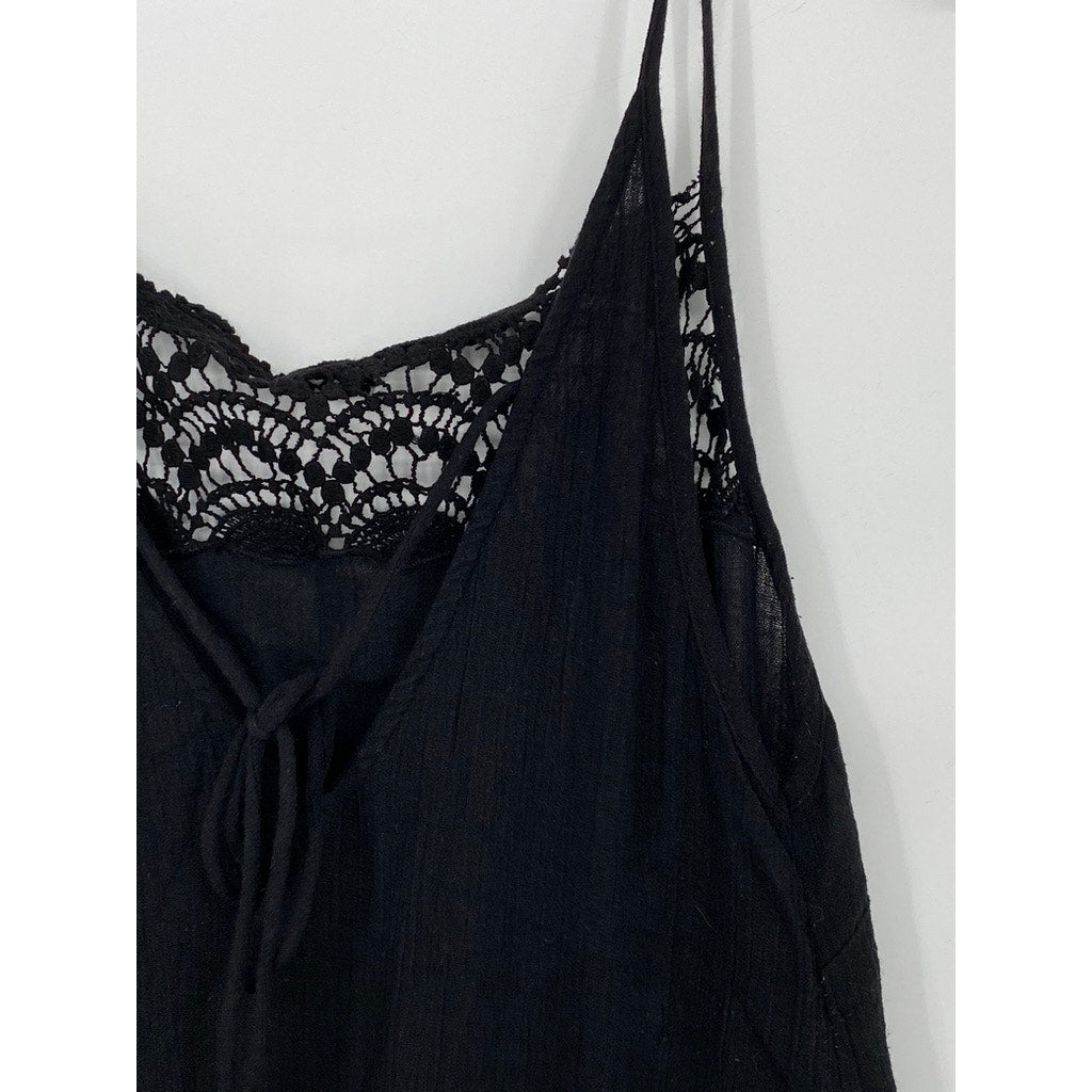 URBAN OUTFITTERS Women's Black Semi-Sheer Crochet-Trim V-Neck Maxi Dress SZ S