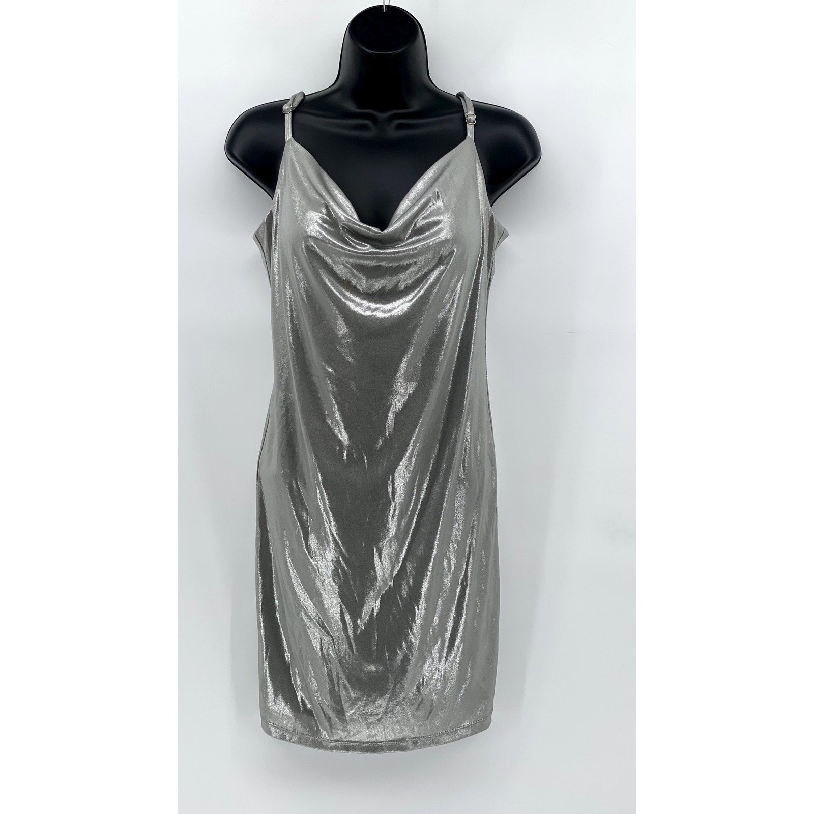 FOREVER 21 Women's Silver Shimmer Cowl-Neck Dress SZ M