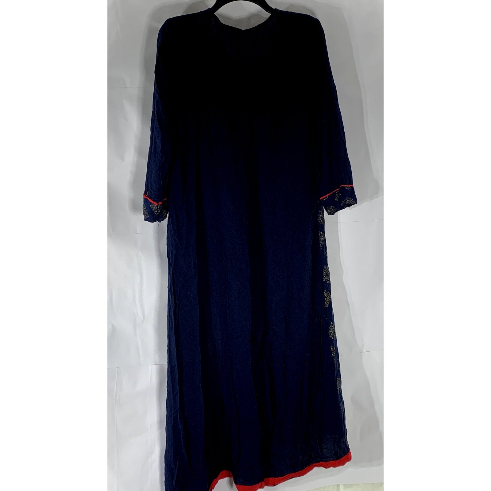 UNBRANDED Women’s Navy/Red Printed Crewneck Long Side-Slit Kurti Dress SZ 46(XL)