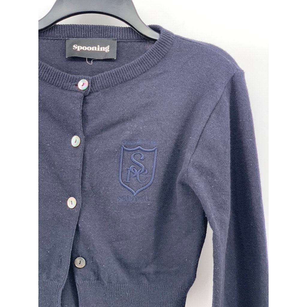 SPOONING Women's Navy Blue Knit Wool Primary Club Button-Up Cropped Cardigan SZS