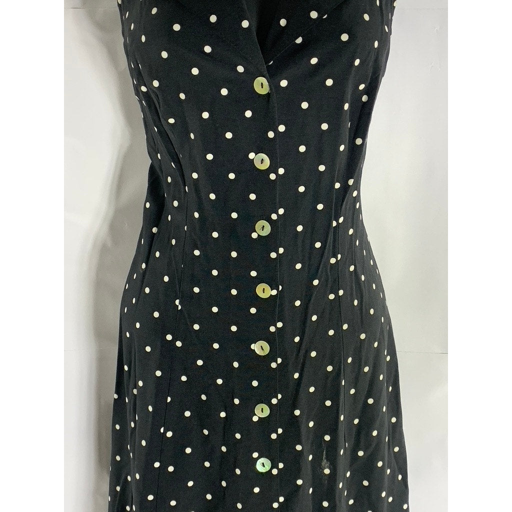 DRESSBARN Women's Vintage Black/White Polka Dot V-Neck Collared Midi Dress SZ 4