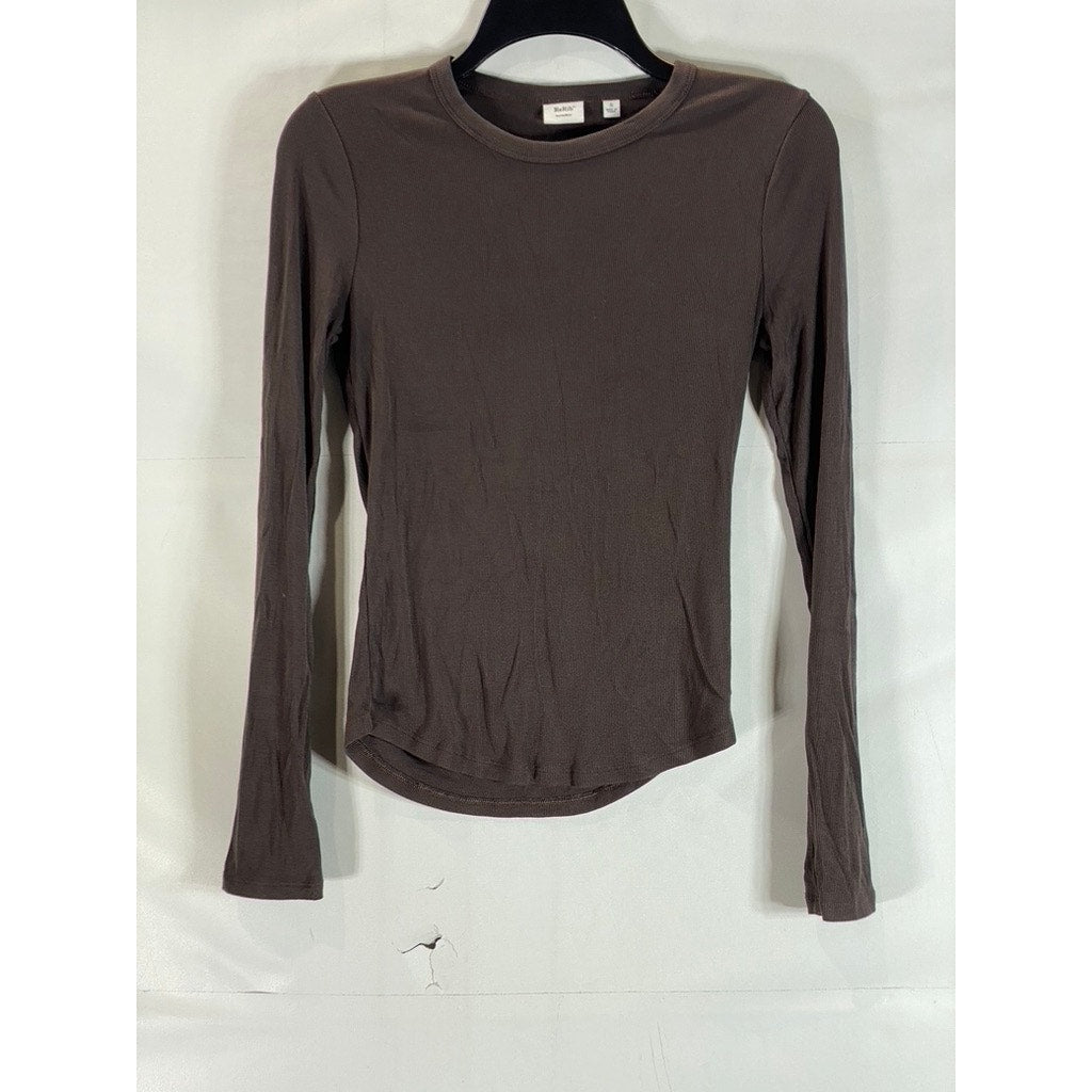 SUNDAY BEST ReRib Women's Dark Brown Ribbed Crewneck Long Sleeve Top SZ S