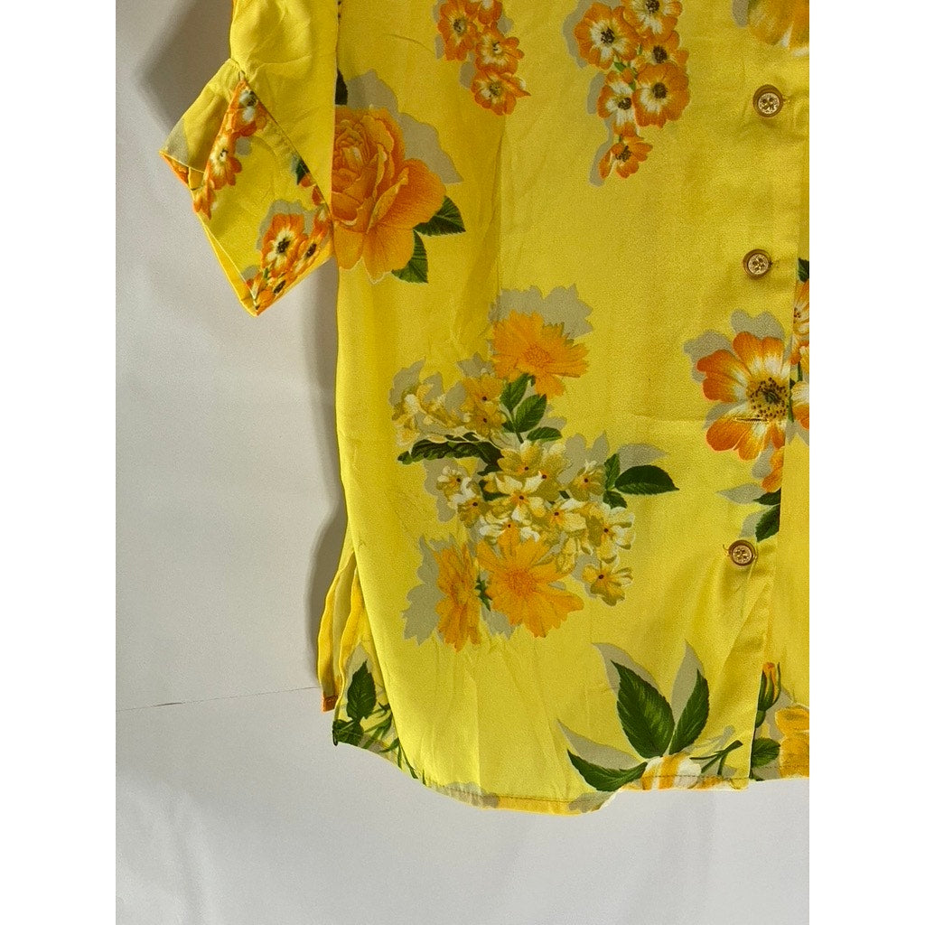 SIMPLE RETRO Women's Yellow/Orange Floral Print Short Sleeve Button-Up Top SZ S