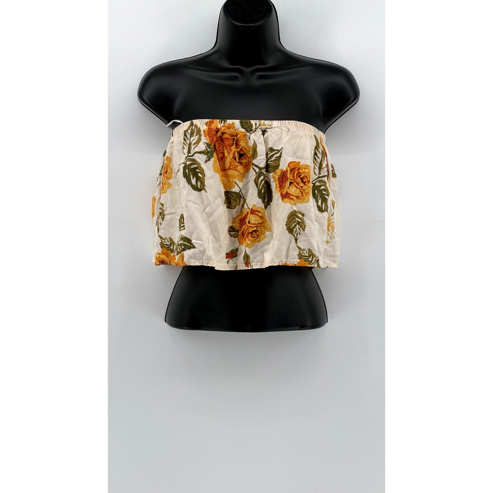 FREE2BU Women's Cream Floral Print Ruffle Strapless Crop Top SZ 6