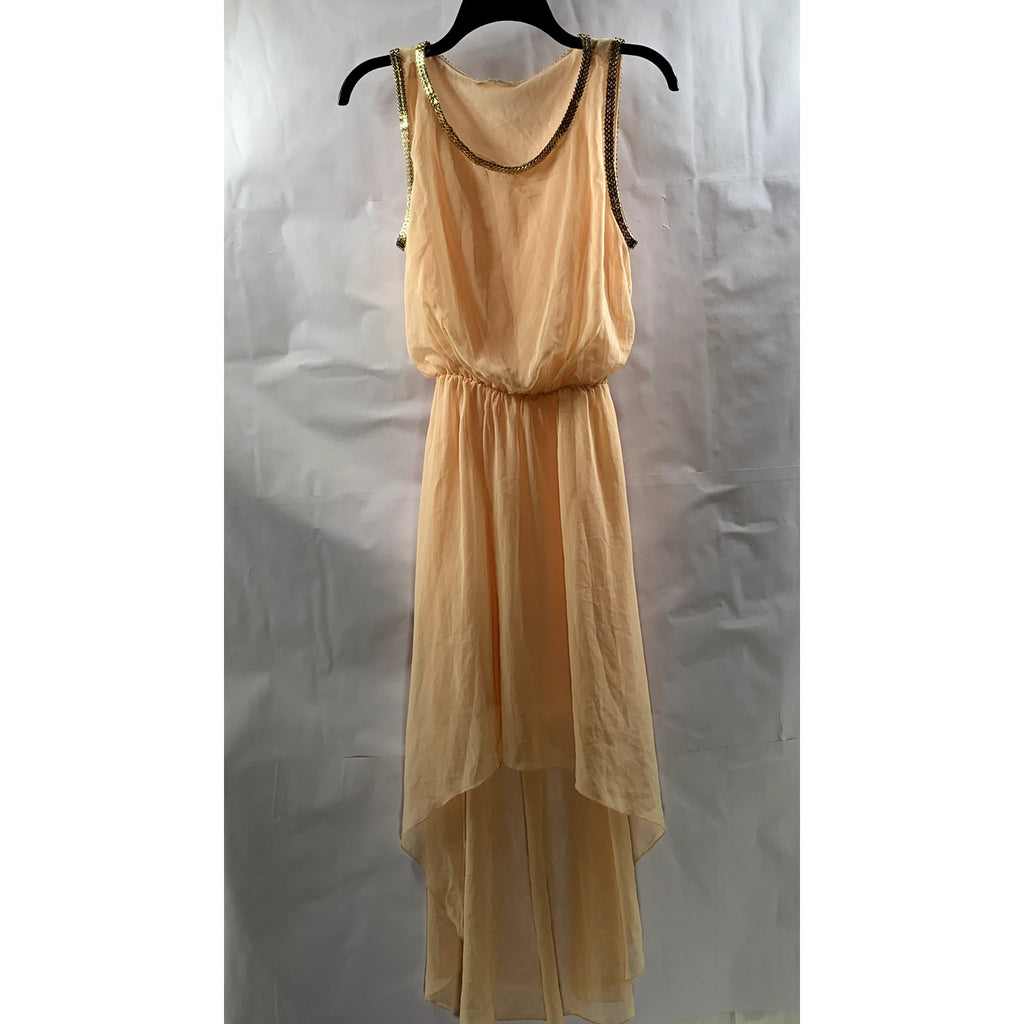 DOUBLE ZERO Women’s Beige Embellished Trim Sheer Scoop-Neck Hi-Low Dress SZ S