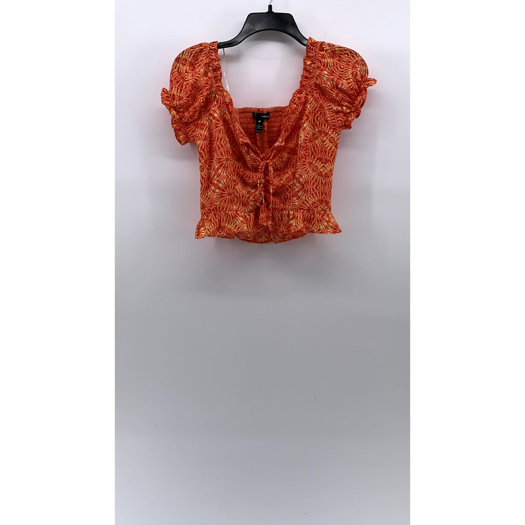 AQUA Women's Orange Printed Lace-Up Short Puff Sleeve Smocked Crop Top SZ XS