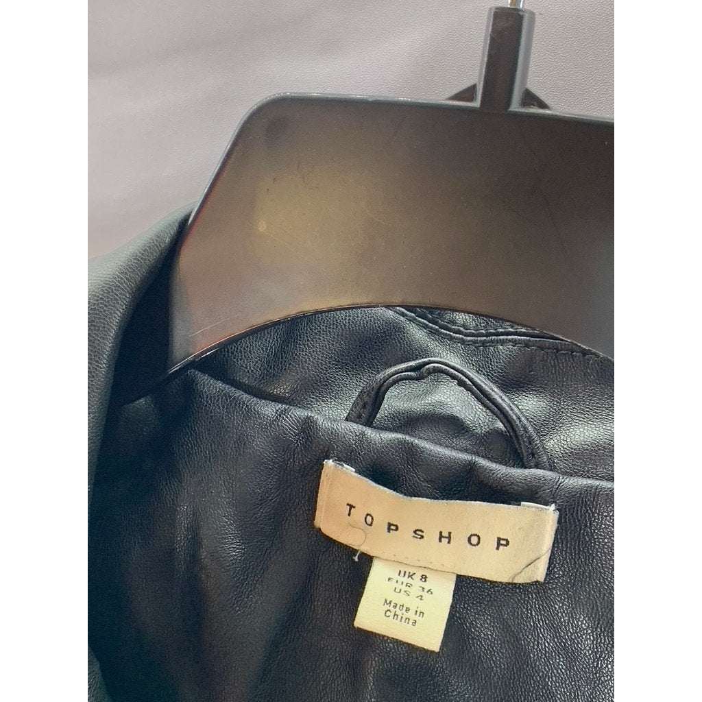 TOPSHOP Women's Black Faux-Leather Button-Up Long Sleeve Boxy Jacket SZ 4