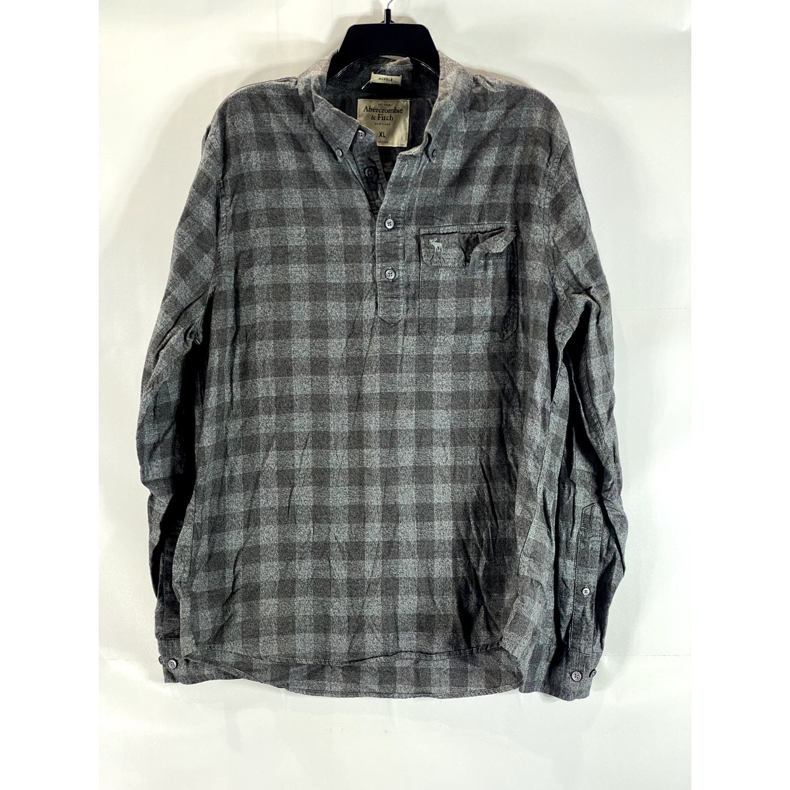 ABERCROMBIE & FITCH Men's Charcoal/Black Plaid Button-Up Muscle Shirt SZ XL