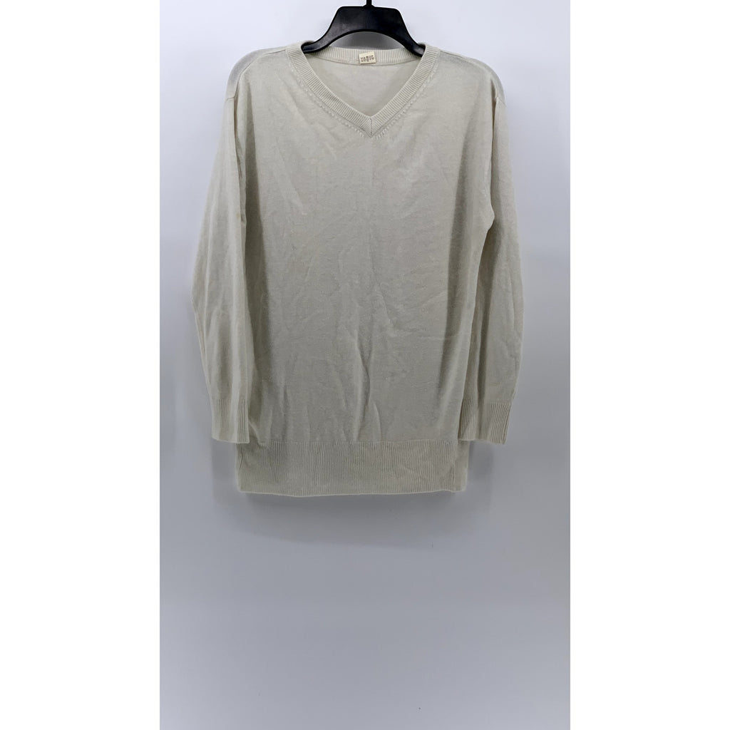 UNBRANDED Men's Off-White V-Neck Knit Long Sleeve Pullover Sweater SZ L