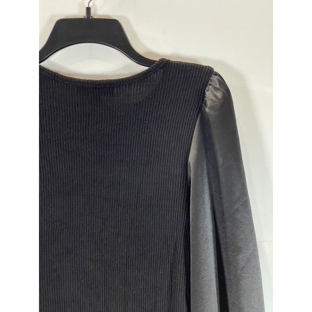 FIFTEEN TWENTY Women's Black Ribbed Crewneck Satin Puff Long Sleeves SZ S