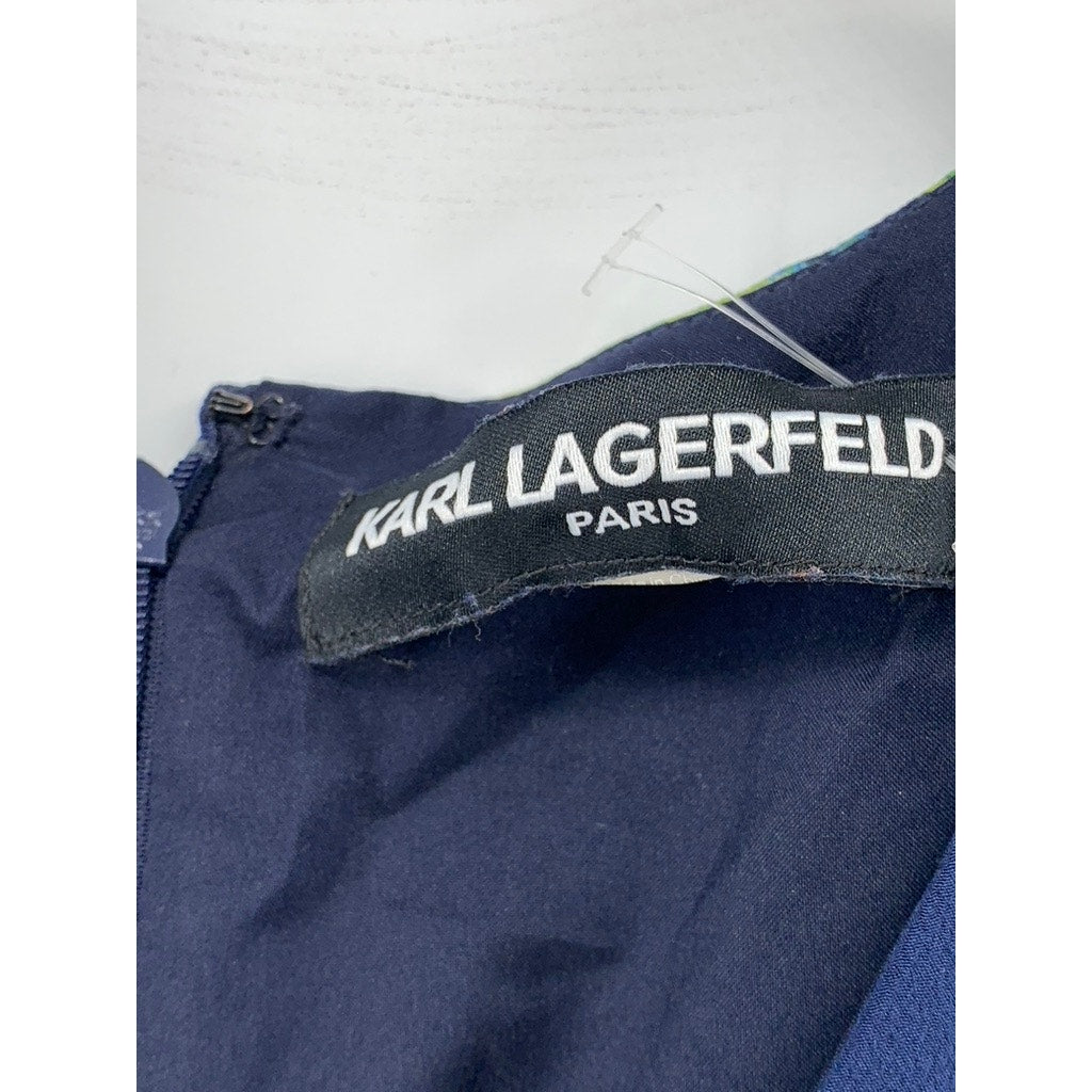 KARL LAGERFELD Women's Blue Floral V-neck Sleeveless Belted Maxi Dress SZ 4