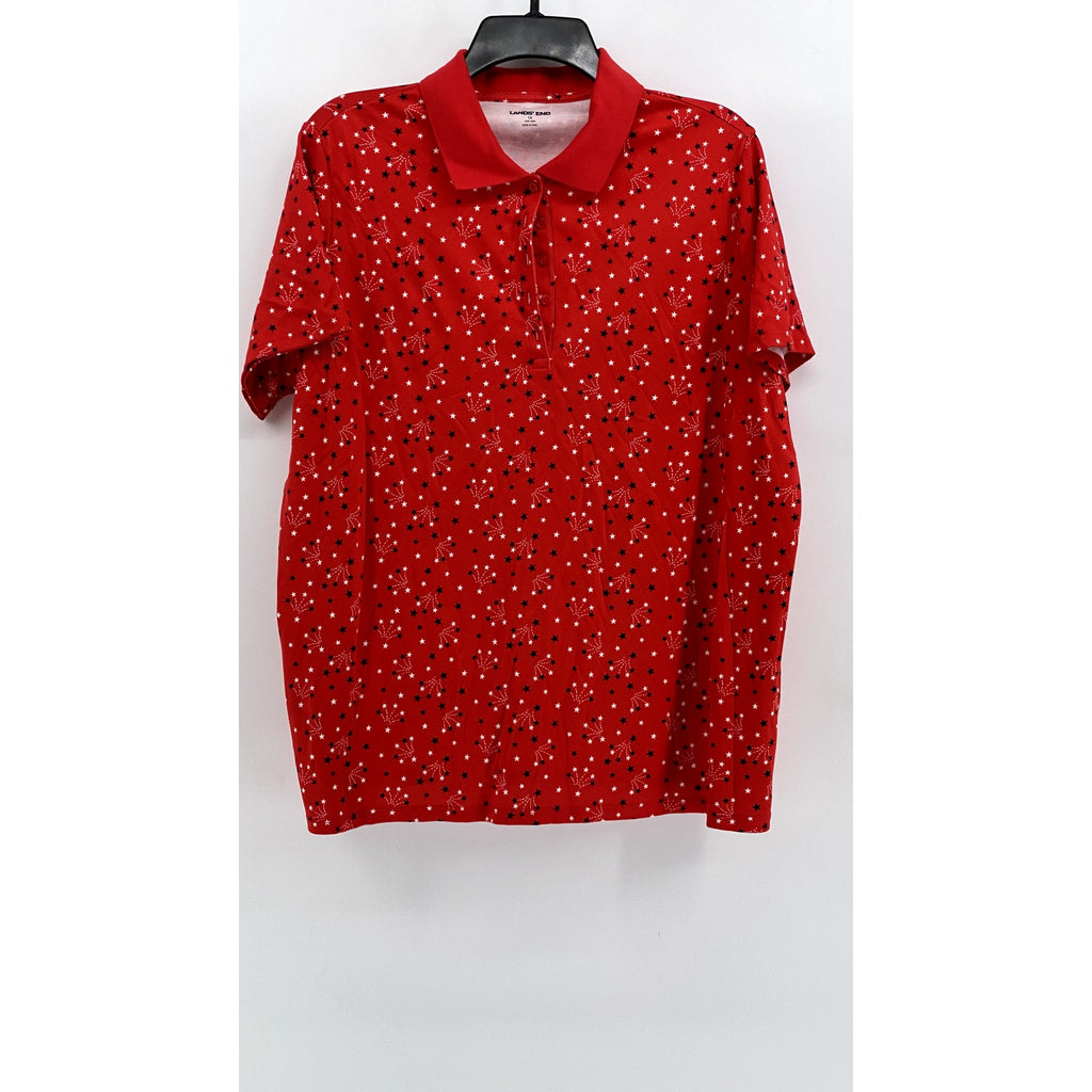 LANDS' END Women's Plus Red Printed Short Sleeve Polo Top SZ 1X